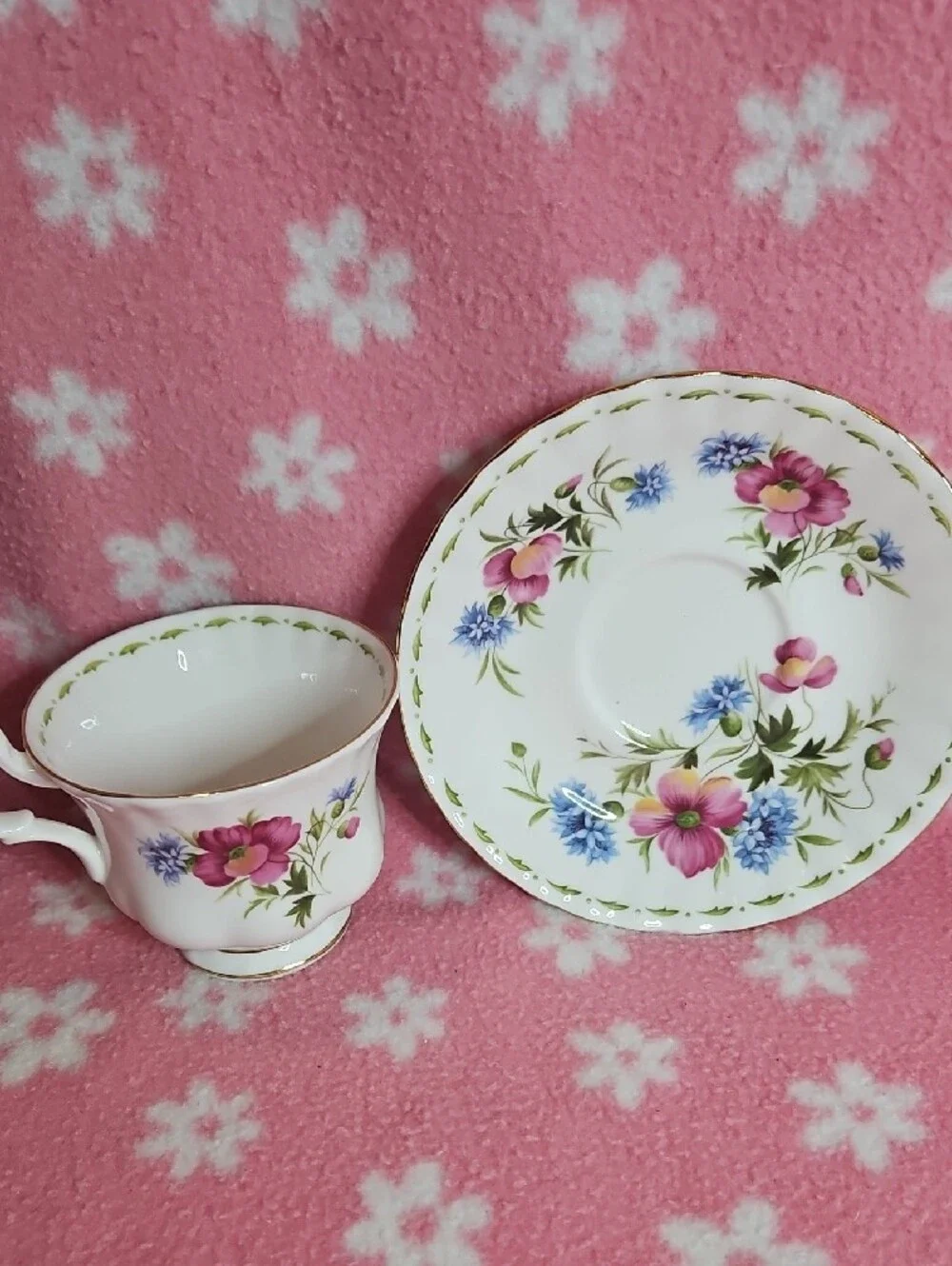 Vintage August 1970 Floral Bone China Teacup and Saucer - Pink Floral Design
